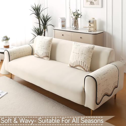 Image of HOKIPO Premium Supple Soft Wavy Anti-Slip Armrest Cover for Sofa, 1 Pair, Cream Brown (AR-5971-CRBR*2)