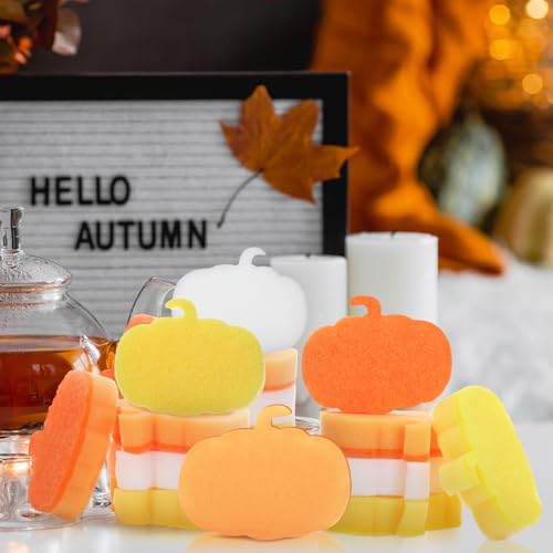 Image of Tioncy 12 Pack Kitchen Sponges Bulk Dual Sided Scrubber Sponges Dishwashing Kitchen Cleaning Accessories for Household Supplies(Pumpkin,Orange, Yellow, Beige)