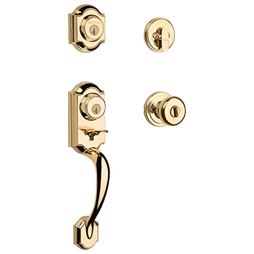 Kwikset Montara Front Door Lock Handle and Deadbolt Set Entry Handleset Exterior with Interior Door Knob Polished Brass Pick Resistant SmartKey Rekey Deadbolt Security