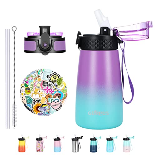 Goppus Kids Insulated Water Bottle 12 Ozdouble Wall Vacuum Stainless Steel Kids Cup Leakproof Metal Water Bottles With Straw & Spout Lid Strap Handle 10Pcs Stickers For Toddler Girls Boys School #TOP7