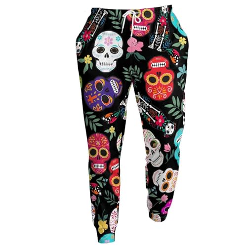 Generisch Herren Jogginghose mit bunten Sugar Skull Motiven - Freizeithose mit Calavera-Print für den Tag der Toten | Lässige Hose mit Kordelzug