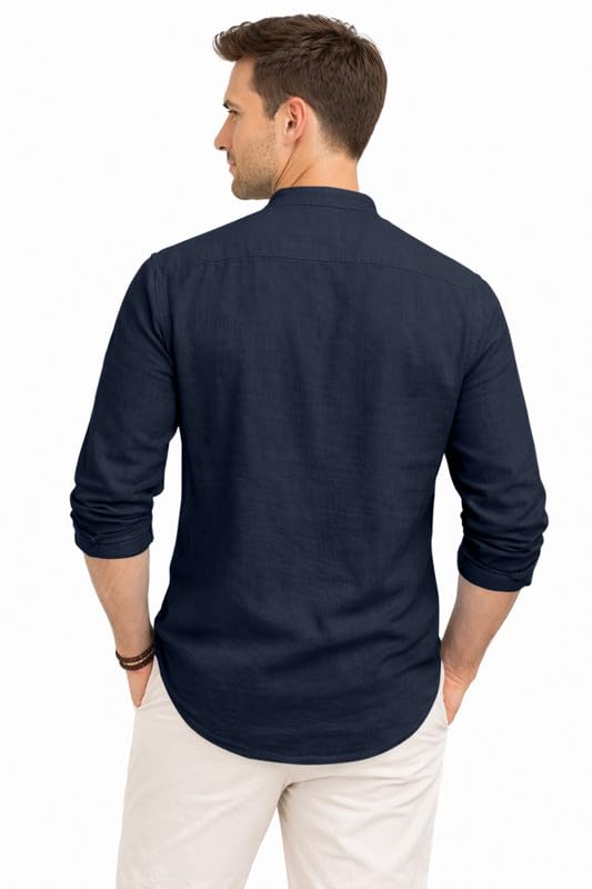 Image of ROYALSCOUT Men's Cotton Polyester Blend Kurta Style Shirt with Mandarin Collar, Half Button Placket, Dual Chest Pockets, Long Sleeve Casual Ethnic Fusion Wear for Office, Festive and Daily Use