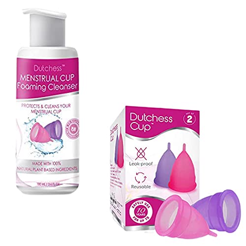 DUTCHESS Menstrual Cups - Set of 2 Reusable, Soft Silicone Period Cups - Pink & Purple, Small (B) & Foaming Wash (3.4 oz) Bundle