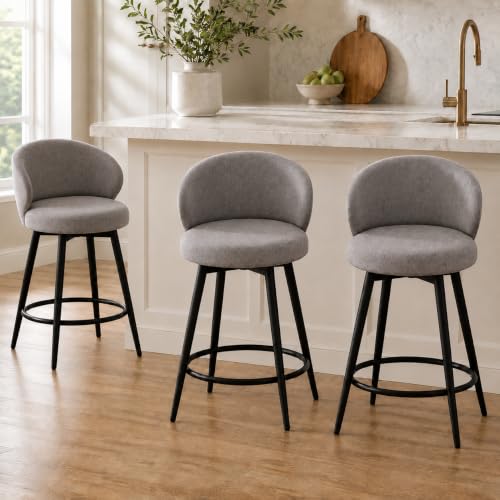 Image of Bar Stools Set of 3, 360 Swivel Breathable Fabric Kitchen Counter Height Stools, 26 inch Upholstered Bar Chair for Kitchen Islands, Restaurant,Grey