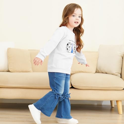 Image of Toddler Girl Clothes Long Sleeve Cartoon & Letter Graphic Top + Fruit Stationery Print Flared Leg Pants