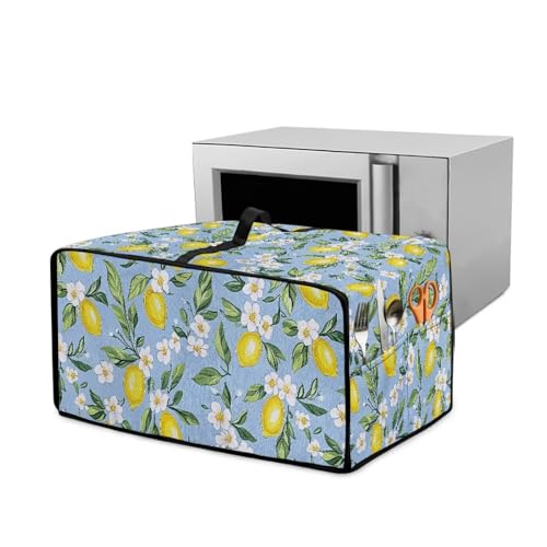 Wanyint Kitchen Appliance Cover for Toaster Oven Microwave Oven Air Fryer, with Storage Pockets Dust Protection Easy Clean Kitchen Accessories, 18.5 x 14.5 x 9 Inches, Lemon Flower Blue