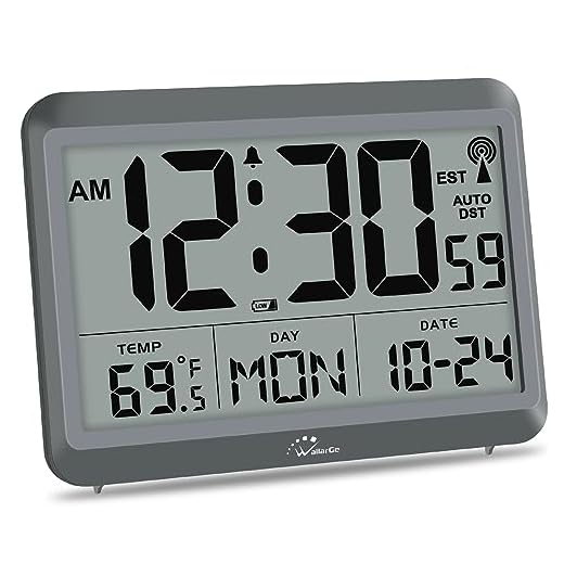 WallarGe Atomic Clock Battery Operated - Large Display Digital Alarm Clock with Seconds and Indoor Temeperature, 4 Time Zones, DST