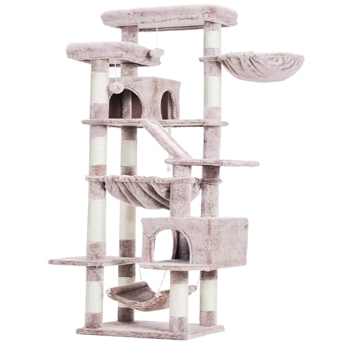 Image of Heybly Cat Tree, 71-Inch-Tall Tower for Indoor Cats with 2 Perches HCT034MU | Large Cat Furniture with 2 Big Condos, 2 Hammocks, Basket, Scratching Pad, Multi-Level Cat Condo, Rosy Brown