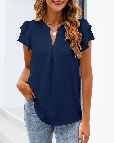 SimpleFun Work Tops for Women Short Sleeve Chiffon Business Casual Top V Neck Summer Dress Shirts and Blouses, Navy, S — view 3