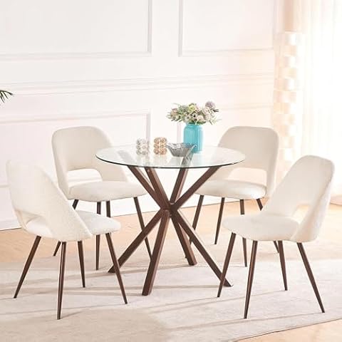 YLKHOME White Boucle Dining Chairs, Upholstered Kitchen Dining Room Chairs Hollow Curved Backrest,Mid Century Modern Dining Chairs with Black Metal Legs, Set of 4 Cover