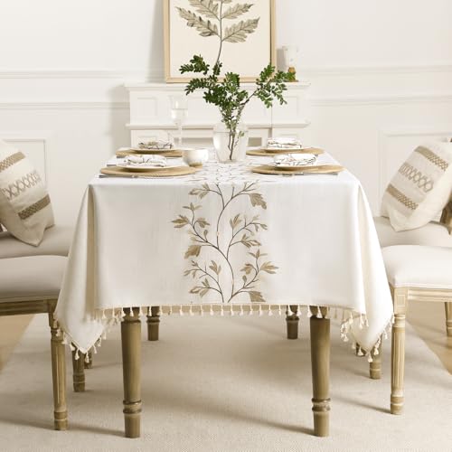 GRASiMOSY Boho Tablecloth Rectangle, Linen Cotton Tablecloth with Tassels, Heavy Duty Table Cloth with Maple Vine, Floral Farmhouse Table Cover Cloth Decorative for Kitchen Dining (55x79 Inch)