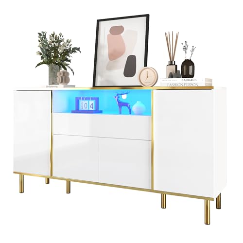 kowdom Buffet Blanc Brillant 150x40x80 cm avec LED et Pieds dorés – Meuble de Rangement Moderne pour Salon, Salle à Manger ou Chambre – 4 Portes, 1...