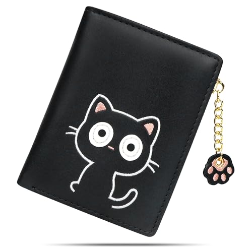 CONISY Small Wallet for Women, Vegan Leather Bifold RFID Blocking Cute Wallet with Coin Purse, Gift Ideas for Teen Girls Ladies (Cat Black)