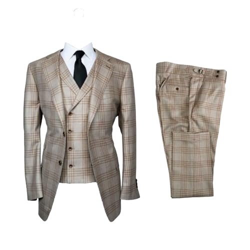 Men's Suits 3 Piece Slim Fit Khaki Plaid Suit Notch Lapel Blazer Jacket Vest Pants Tuxedo Set for Dress Business