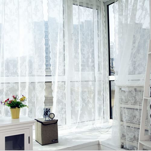 Deeprove Lace Curtains 63 Inch Length 2 Panels Set, White Sheer Floral Embroidery Vintage Voile Window Panel Treatment Pair Ruffled Tulle Drape For Bedroom/Living Room/Kitchen, Rod Pocket, W57 X L63 #TOP4