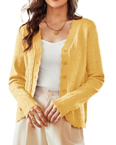 KANCY KOLE Sommer Leichte Kurze Strickjacken für Damen Langärm V-Ausschnitt Strickjacke mit Knöpfen Strickmantel Gelb L