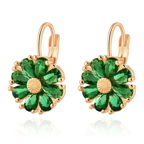 Gold Flower May Birthstone Leverback Earrings Hypoallergenic Emerald Green Earrings for Women Trendy