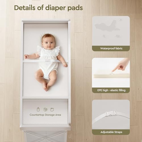 Image of YeTom Changing Table, 6-Drawer Dresser, Adjustable Shelves, Mobile, White | Changing Table Dresser, Waterproof Diaper pad & Safety Strap, 6 drawers, Adjustable shelves, Mobile Nursery Organizer