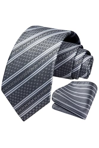Image of HISDERN Stripe Tie Mens Ties with Pocket Square Set Classic 3.4'' Silk Formal Necktie Handkerchief for Business Wedding