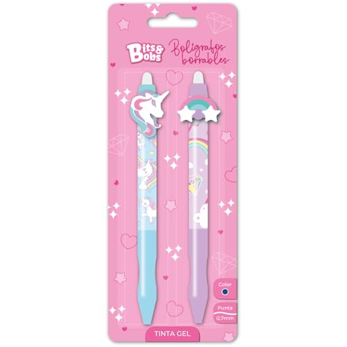 Grafoplas - Conjunto escolar 2 canetas retrátil apagável com tinta de gel azul, ponta 0,7 mm, Bits&Bobs Cute Unicorn e Rainbow, tinta reversível, inclui borracha, escrita limpa, material escolar