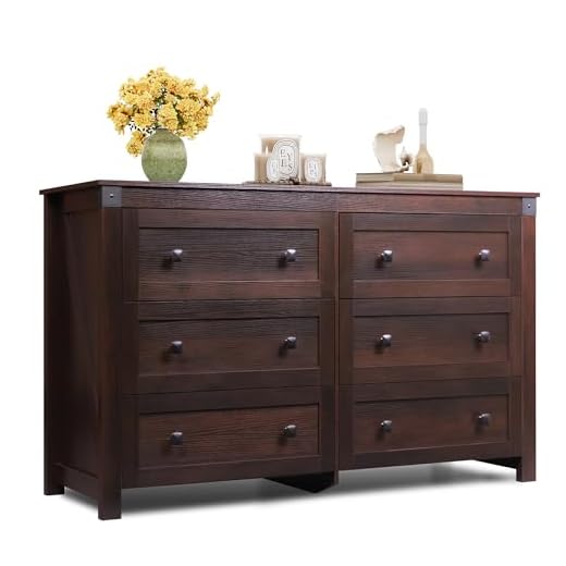 WLIVE Farmhouse 6 Drawer Dresser for Bedroom, 53.07'' Wide Wood Dresser, Storage Organizer with Double Rustic Handle, TV Stand for 60 inch TV, Chest of Drawers for Living Room, Hallway, Brown