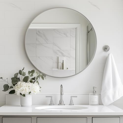 Image of Oruii Silver Round Mirror, Round Mirror 24 inch Brushed Nickel, Circle Wall Mirrors Metal Frame, Silver Circular Mirrors for Bathroom, Wall, Living Room, Entryway, Hallway, Vanity, Rustic