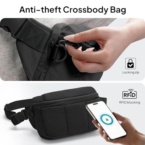 Image of TOPEAST Waist Pack 3.5L Fanny Packs with Water Bottle Holder, Large Capacity Travel Belt Purse Anti-Theft RFID Blocking, Black Fluffy Crossbody Sling Bag for Hiking Walking