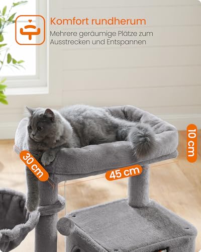 Feandrea Kratzbaum, 96 cm hoch, Katzenbaum mit großer Plattform, Katzenkratzbaum mit Katzenhöhle, Hängematte, Kratzrampe, Plüschball, weicher Plüsch, hellgrau PCT51W