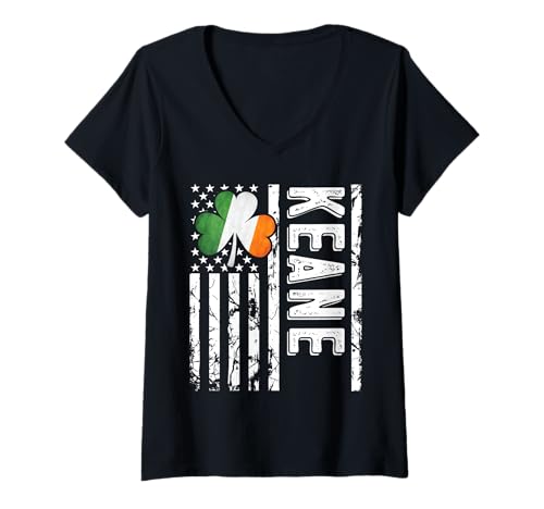 Womens Keane Last Name Irish Pride Flag USA St Patrick's Day V-Neck T-Shirt