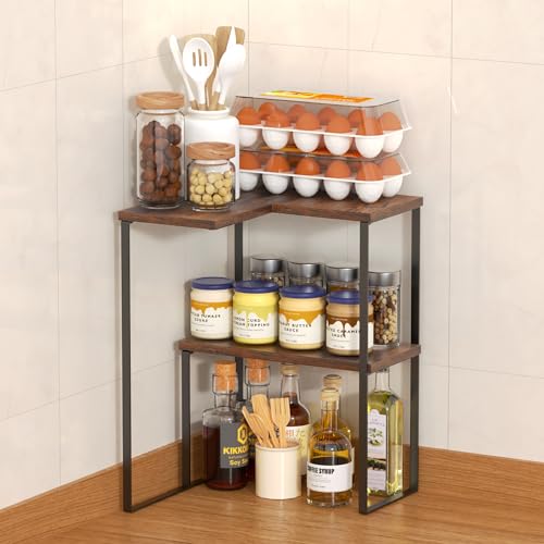 Alyoen Étagère d'angle de cuisine à 2 niveaux en bois - Étagère d'angle réglable - Organiseur de cuisine pour cuisine, salle de bain, épices, table de dressage