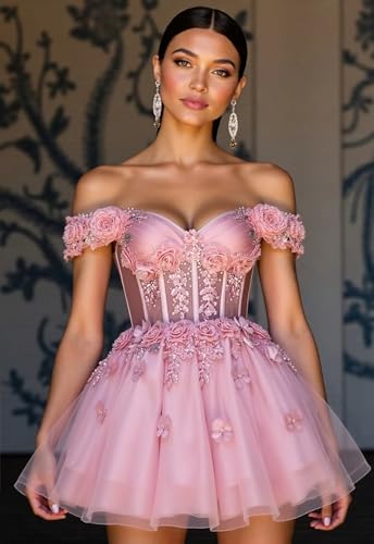 Loyeloy Sparkly Tulle Homecoming Dresses for Teens Off Shoulder Short Quinceanera Dress 3D Flower Short Ball Gown3
