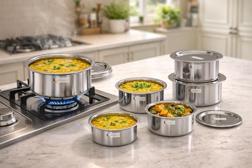 Image of Stainless Steel Plain Top Set Of 5 With Lids|Sizes 0.4L,0.6L,0.8L,1.100L,1.500L|Cooking Top Set, Serving Bowl Set,Handi Top With Cover,Stainless Steel Cooking Pot With Lid For Kitchen Use