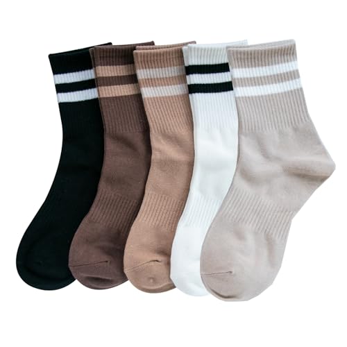 Image of Deeorla Womens Striped Crew Socks Brown Vintage Retro Athletic Socks 5 Pairs