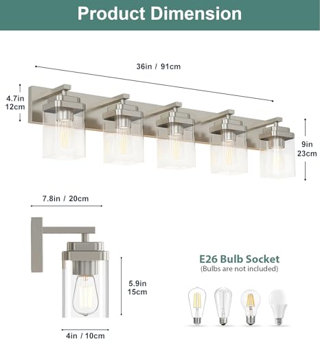 Image of Brushed Nickel Bathroom Light Fixtures, 5 Lights Bathroom Lighting Fixtures Over Mirror, Square Design & Rectangle Large Backplate, Modern Vanity Lighting Fixtures, for Living Room /Bedroom