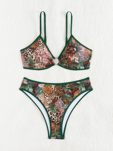 Image of Fanuerg Women's Triangle Bikini Sets O Ring Linked Two Piece Swimsuits Floral Printed Cheeky Bathing Suit