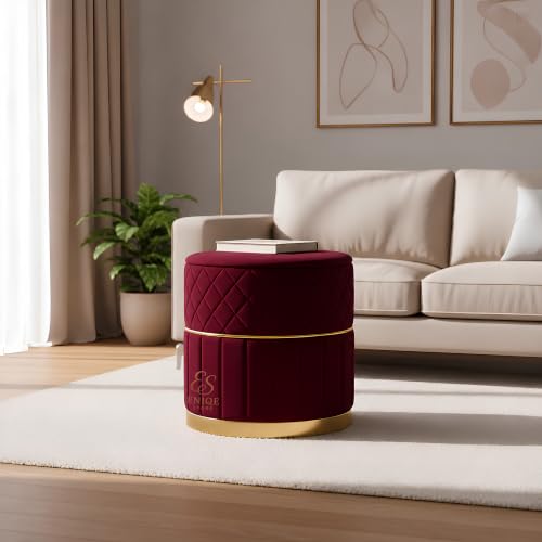 Image of Set of 2 Round Velvet Ottoman Footstool Gold Base - Tufted Upholstered Pouffe Stool for Living Room, Bedroom & Dressing Area (Maroon)