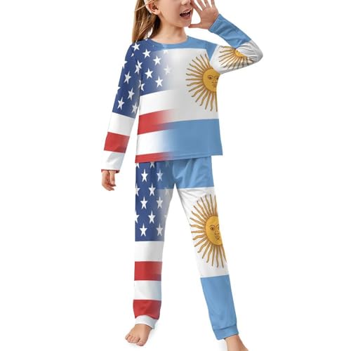 American And Argentina FlagChildren's Pajama Set Round Neck Long Sleeve Top + Pants Two-piece Set160CM