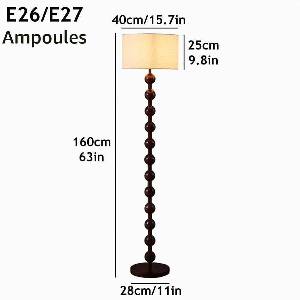 Lampadaire En Lin Wabi-sabi 63" Lampadaire En Fer À Grain De Bois Lampe Sur Pied Sphérique Couleur Noyer Avec E26 Lampe Ronde En Tissu À Intensité Variable Pour Salon Chambre