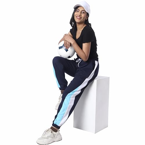 Image of London Hills Women's Regular Fit Mid Rise Cotton Blend Joggers Track Pants | Striped Track Pants