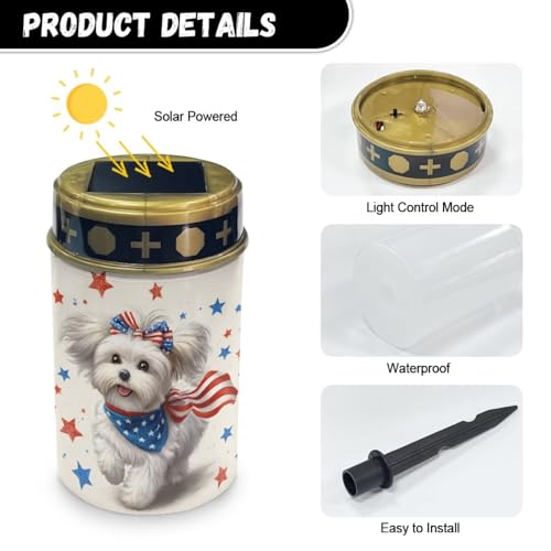Image of Poceacles Maltese Dog American Flag Star Solar Powered Outdoor Lights 4th of July Cemetery Solar Memorial Lights Outdoor Waterproof Landscape Candles for USA 250th Anniversary Decor, 6 PCS
