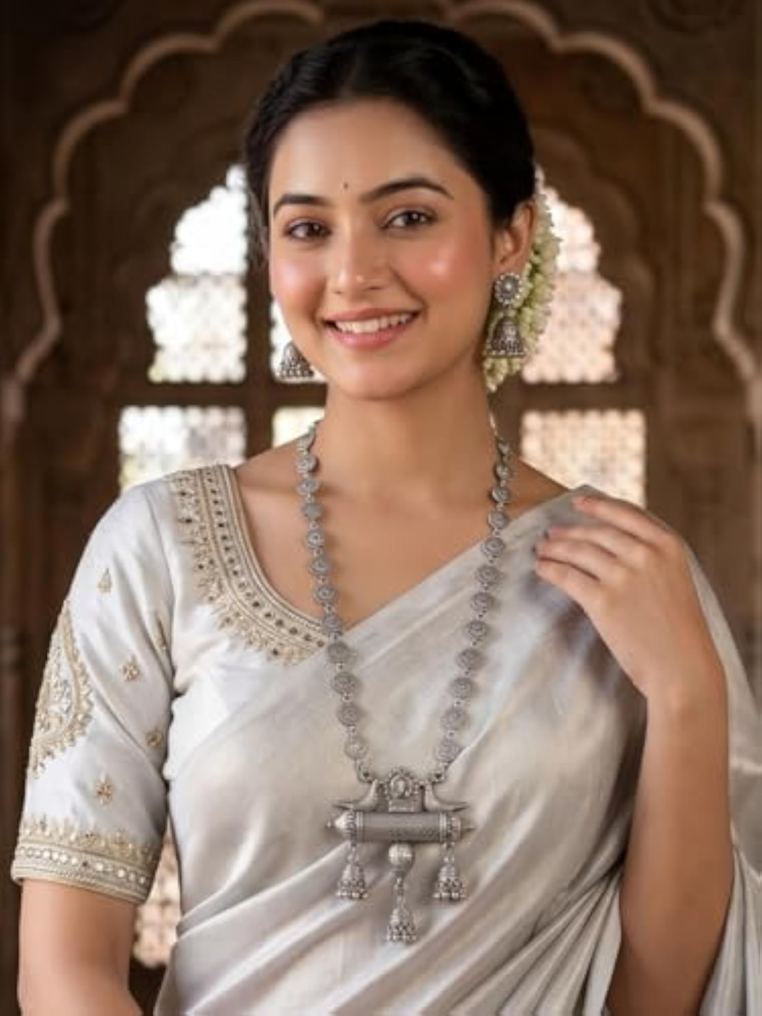 Oxidised Silver Long Necklace Set with Jhumka Earrings