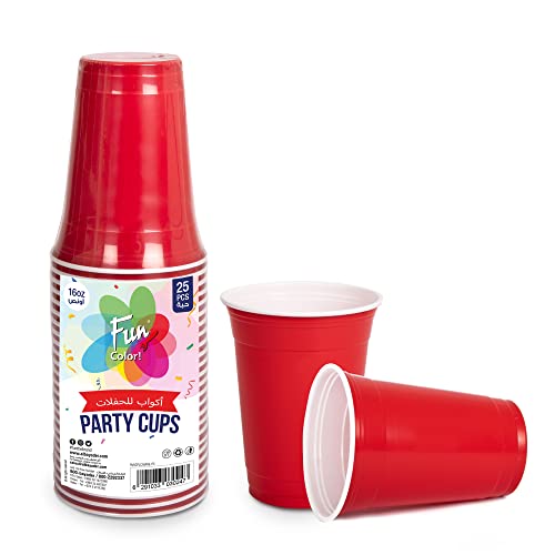 FUN BY AL BAYADER فن Plastic Party Cups 16oz - Red Plastic Cups Sturdy Red Plastic Party Cups Birthday Party Cups for All Occasions 475ml Cups - 25pieces