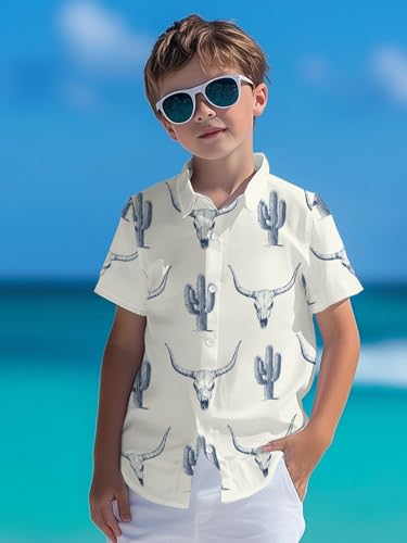 DFZ Boy’s Long Horn Hawaiian Shirt Retro Cactus Button Down Vacations Western Cowboy Party Outfits Unisex Kids4