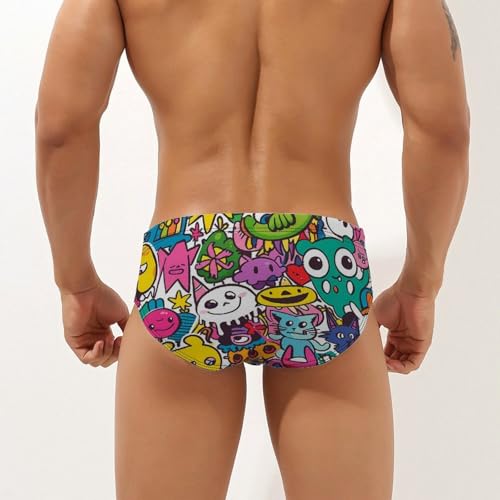 Cartoon Graffiti Monster Mens Swim Briefs Quick Dry Swimming Trunks Training Swimsuit Low Rise Swimwear2