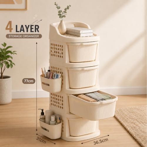 Image of KITCHIVO 4 Layer Multipurpose Plastic Storage Drawer Organizer with Top Tray & Side Hanging Basket for Kitchen, Bathroom, Bedroom, Office, Makeup, Cutlery & Home Organization