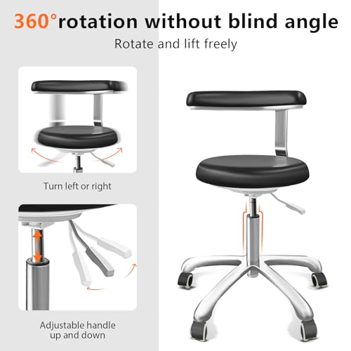 Medical Stool on Wheels with 360 Degree Swivel Armrests PU Leather Medical Stool, Height Adjustable, Salon, Shop, Home and Medical Dental Assistant Chair, Black - Thumbnail 7