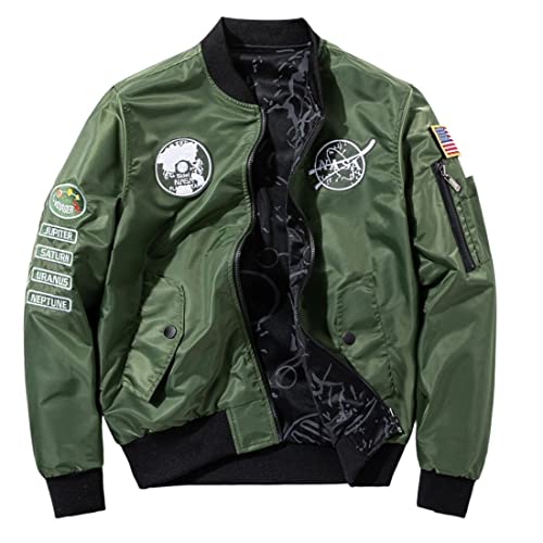 Kinkia Men's Bomber Flight Jacket NASA Patches Loose Fit Reversible Outwear Windbreaker