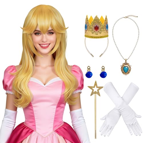 ELIM 7pcs Women Golden Blonde peach Princess Costume Wig for Adults Cosplay Long Wavy Wig with Crown Accessories for Halloween Anime Party - Pre-cut Bangs & Soft Thick Hair & Heat Resistant Z316