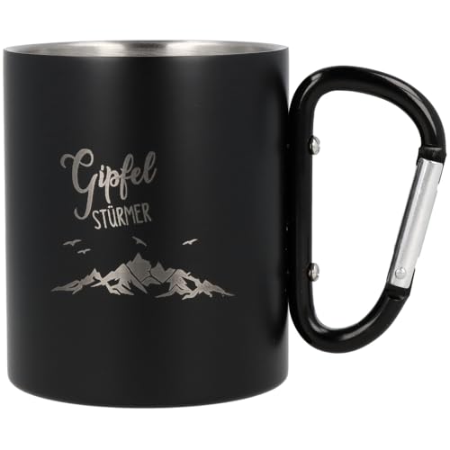 Spruchreif | Edelstahltasse mit Karabinerhaken Henkel mit Gravur „Gipfelstürmer“ in Schwarz Matt |Geschenk für Camper, Wanderer oder Bergsteiger