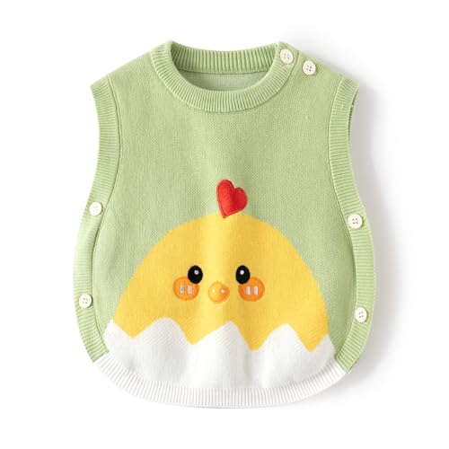 Cute Chick Knit Sweater Vest,Green,Heart Embroidered,Baby Girl Jacquard Waistcoat,Toddler Boy Sleeveless Top